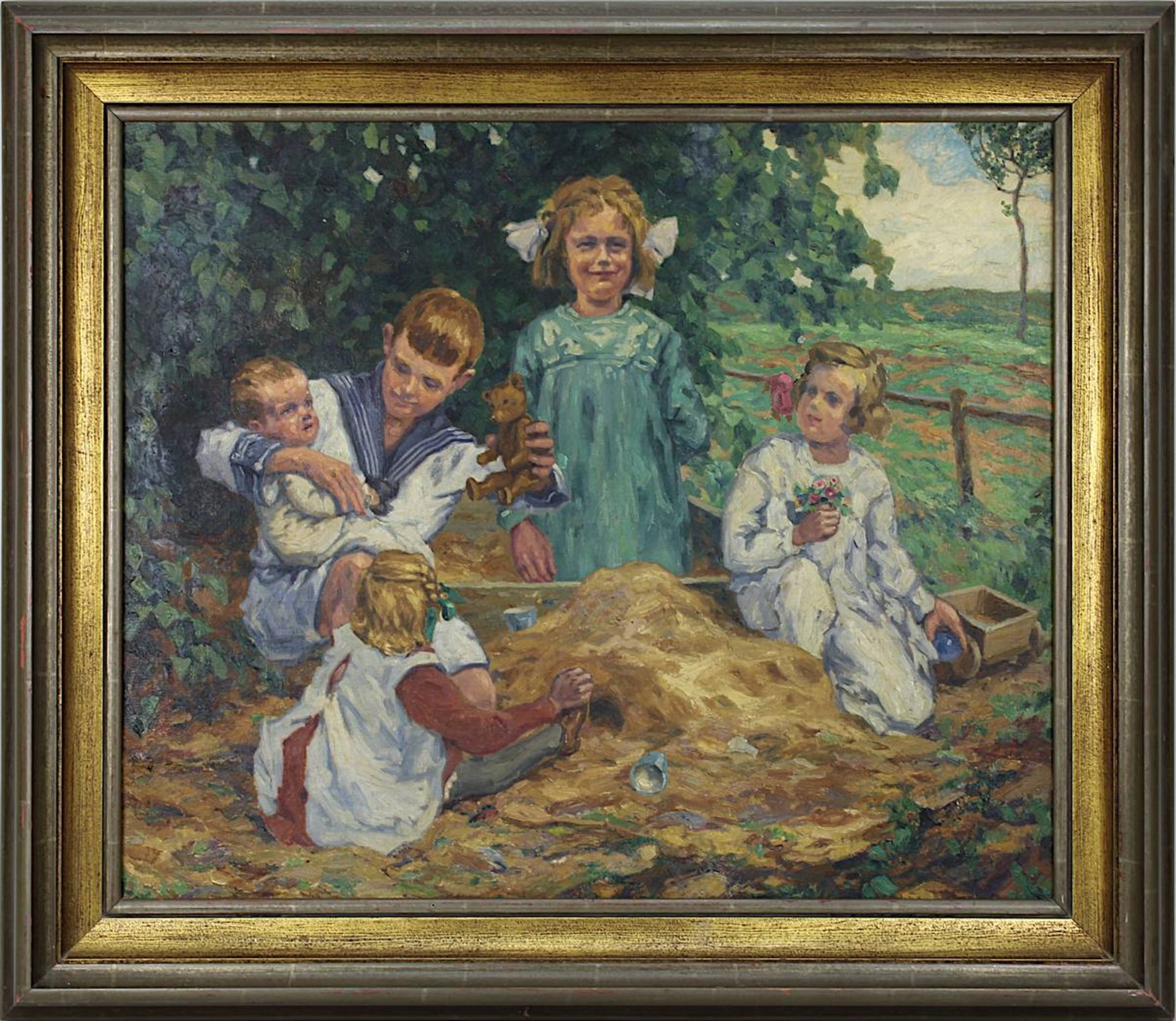 Deutscher Impressionist um 1900, Spielende Kinder im Sandkasten, Öl auf Leinwand, qualitätvolles