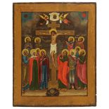 Ikone gekreuzigter Christus, Zentralrussland 2. H. 19. Jh., Tempera aauf Holz, mittig Darstellung