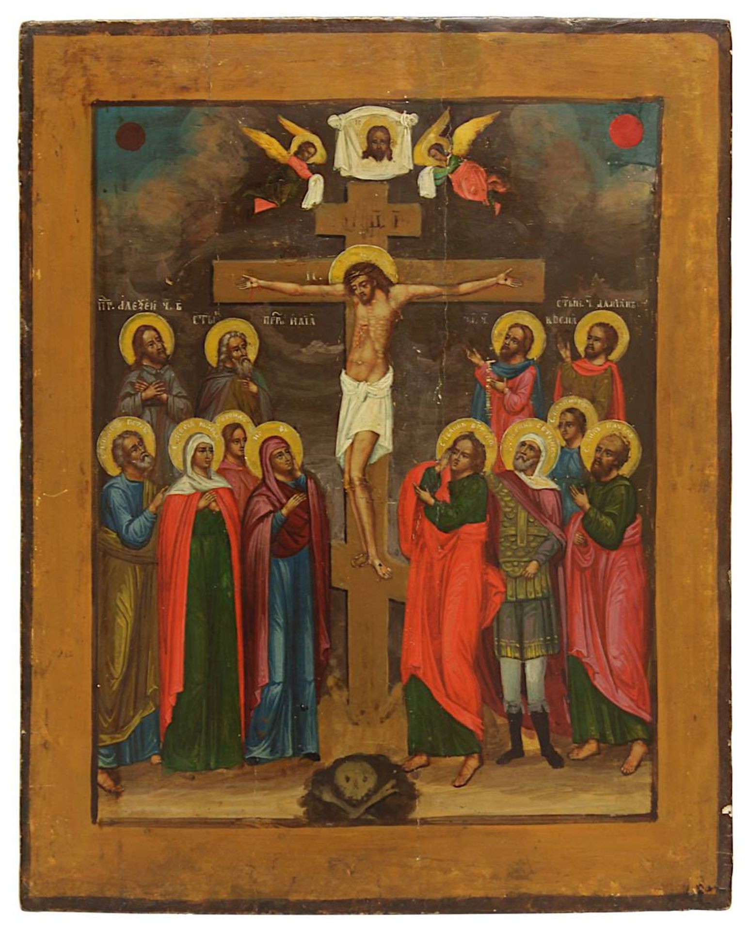 Ikone gekreuzigter Christus, Zentralrussland 2. H. 19. Jh., Tempera aauf Holz, mittig Darstellung