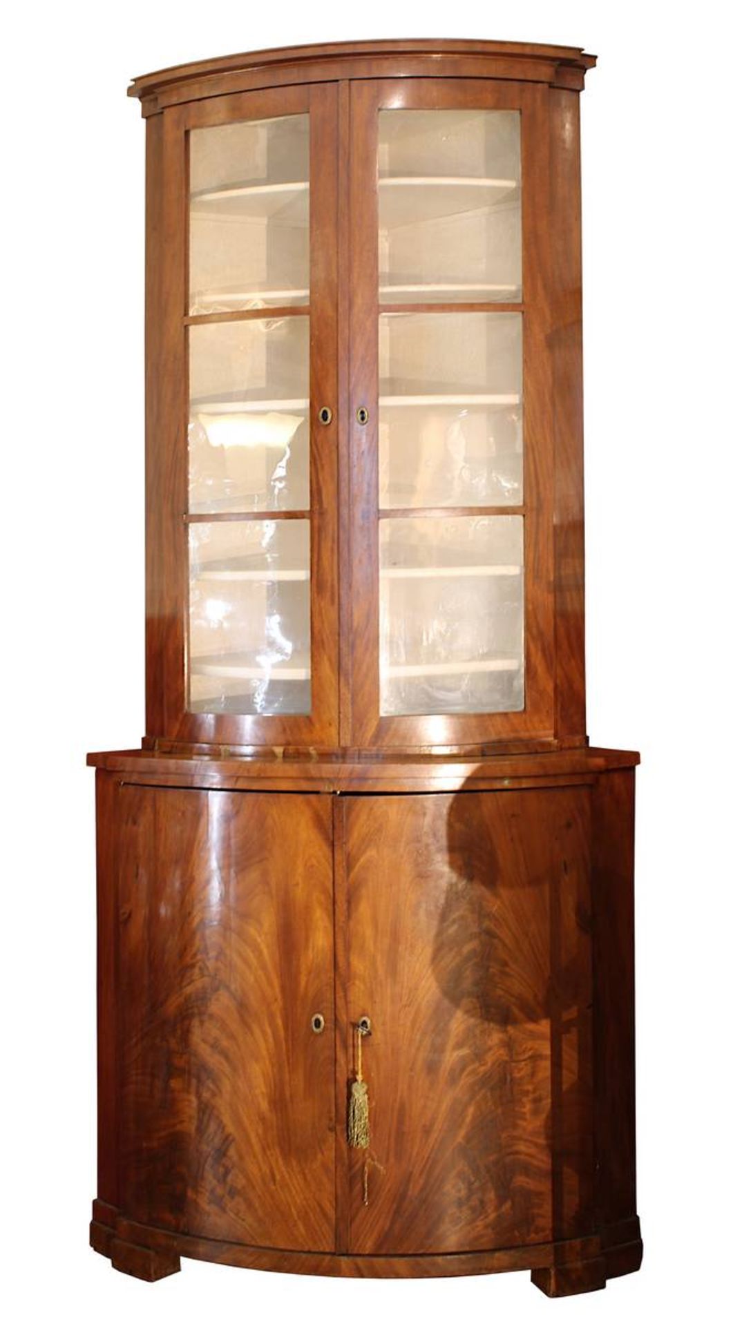 Biedermeier - Vitrineneckschrank, deutsch um 1830, ausgesuchtes Mahagonifurnier, zweiteilig, jeweils