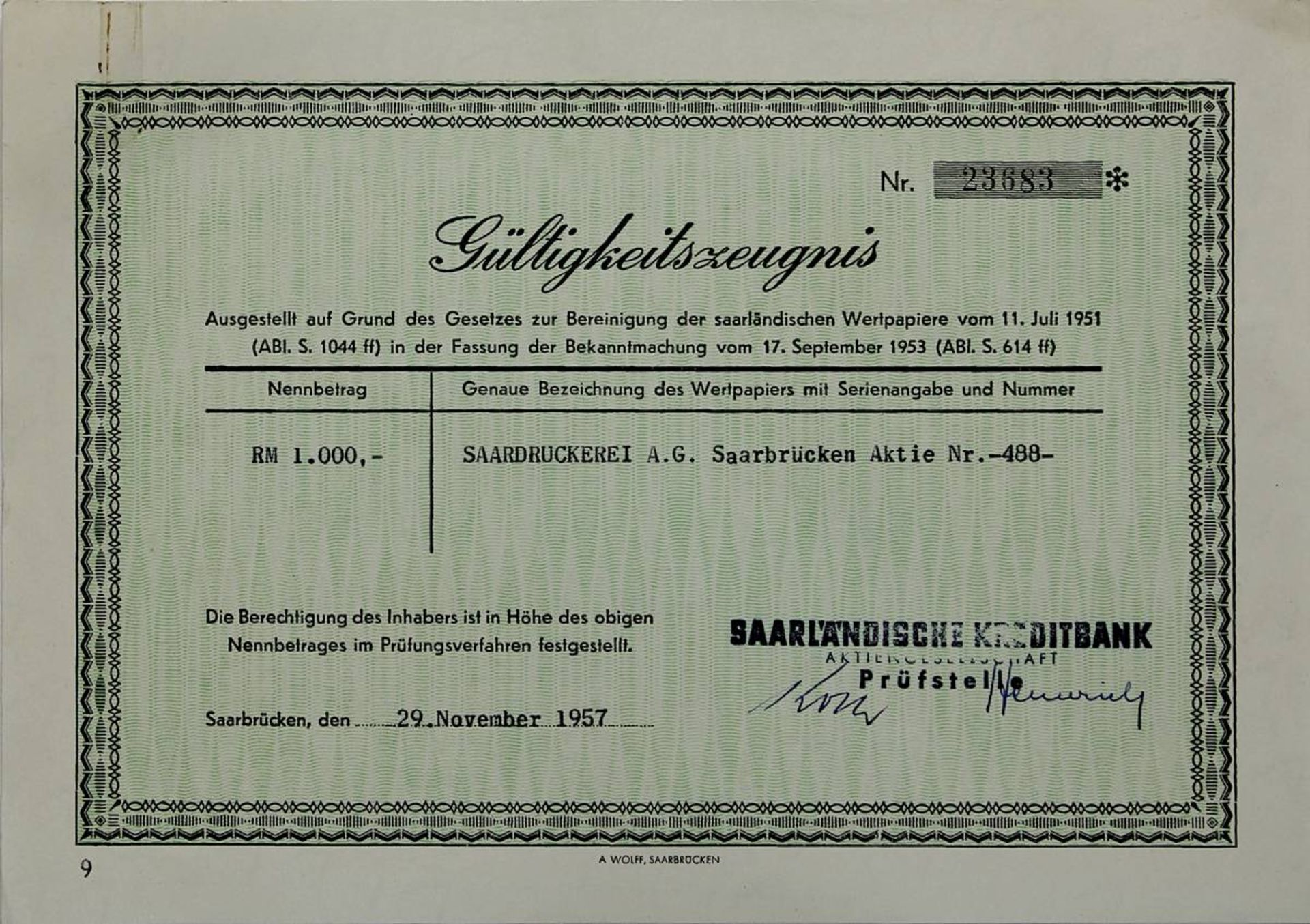 Seltene Aktie der Saardruckerei Aktiengesellschaft über 1000 Reichsmark, Ausgabedatum 27.10.1936, - Image 3 of 5