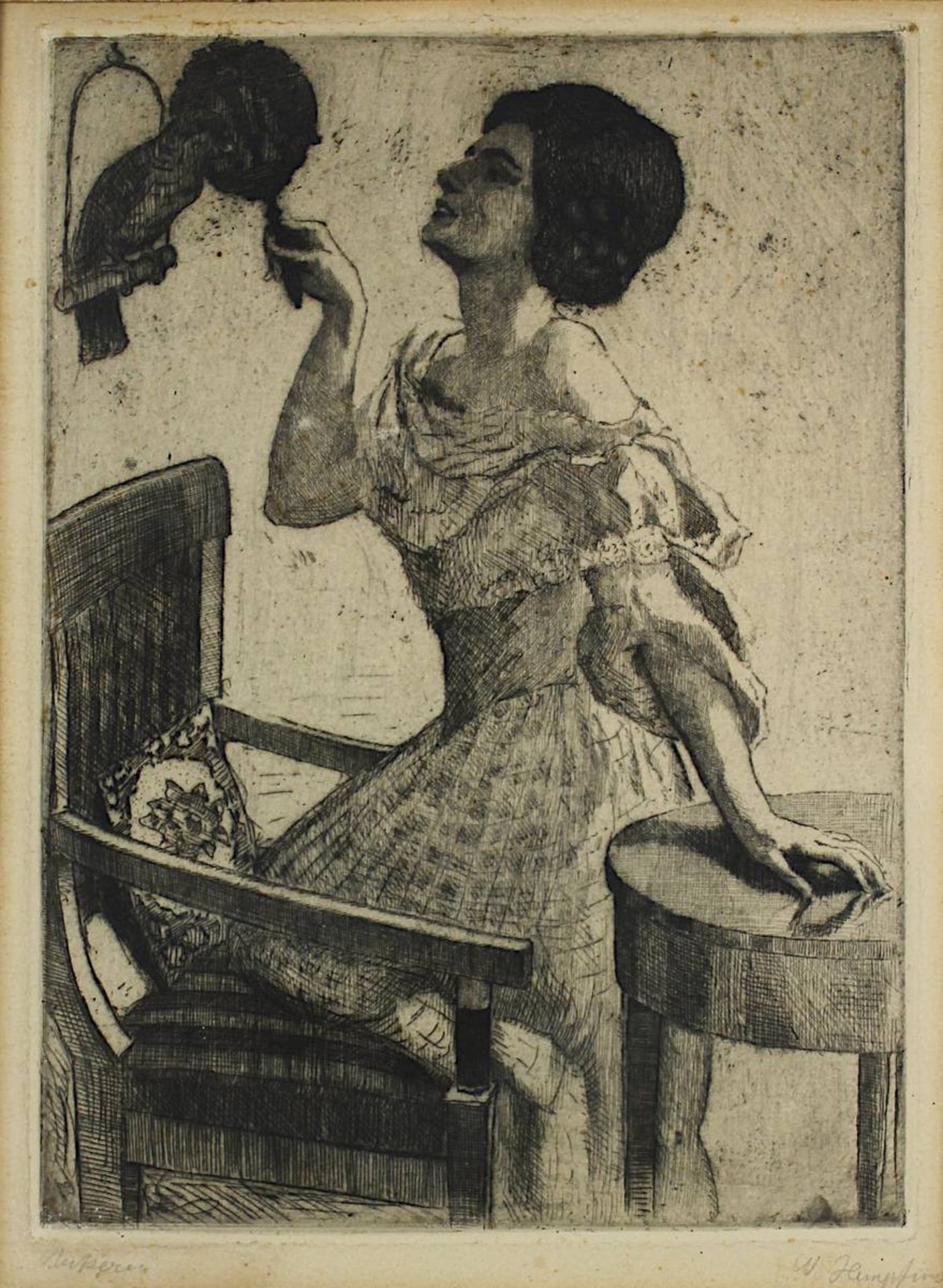 Hempfing, Wilhelm (Schönau 1886 - 1948 Karlsruhe) "Neckerei"- Junge Frau mit Papagei u. Spiegel, Rad - Bild 2 aus 2