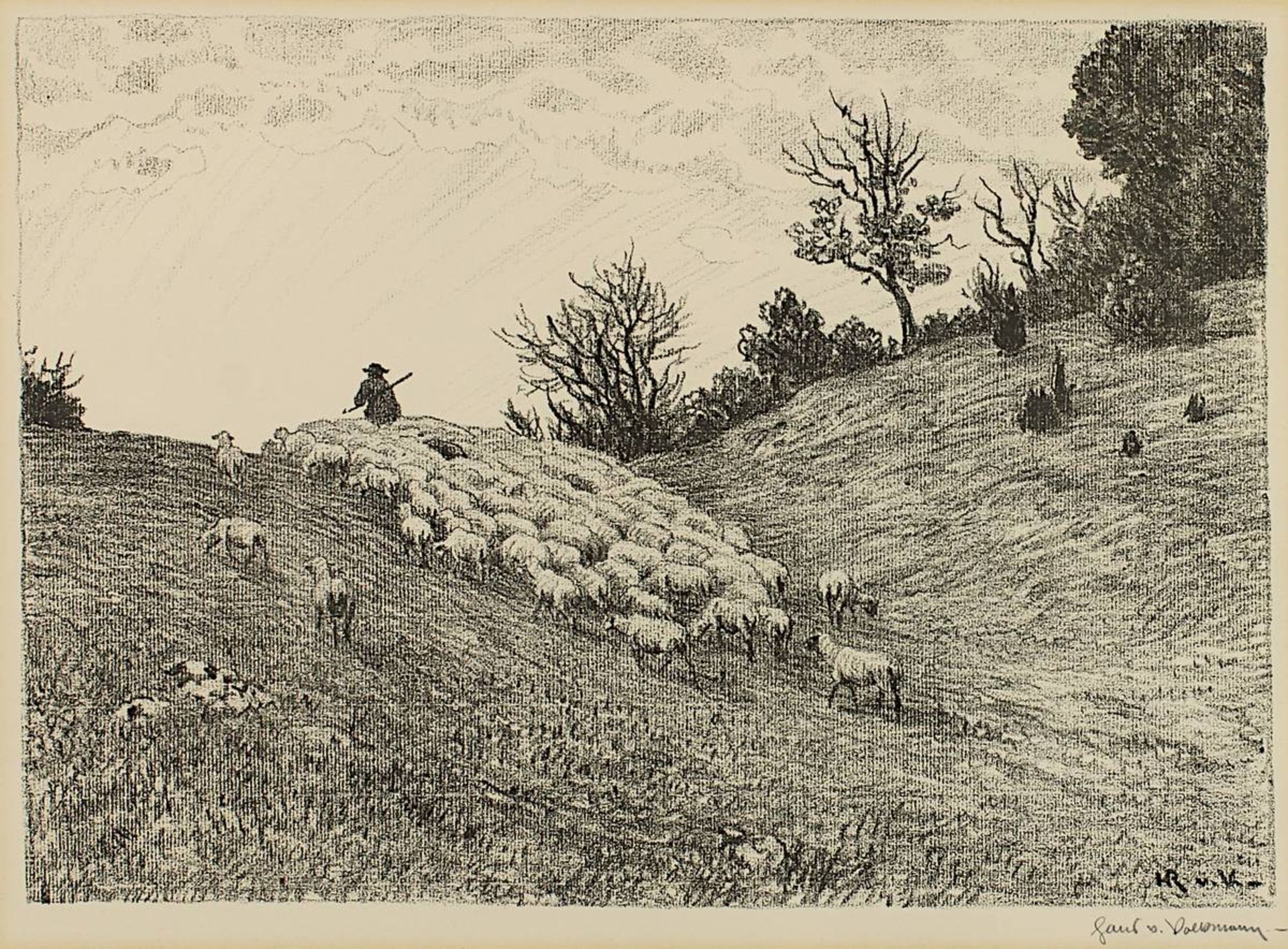 Von Volkmann, Hans (Halle/Saale 1860 - 1927 Halle/Saale), 2 Grafiken: Schäfer mit seiner Herde, Lith - Bild 5 aus 5