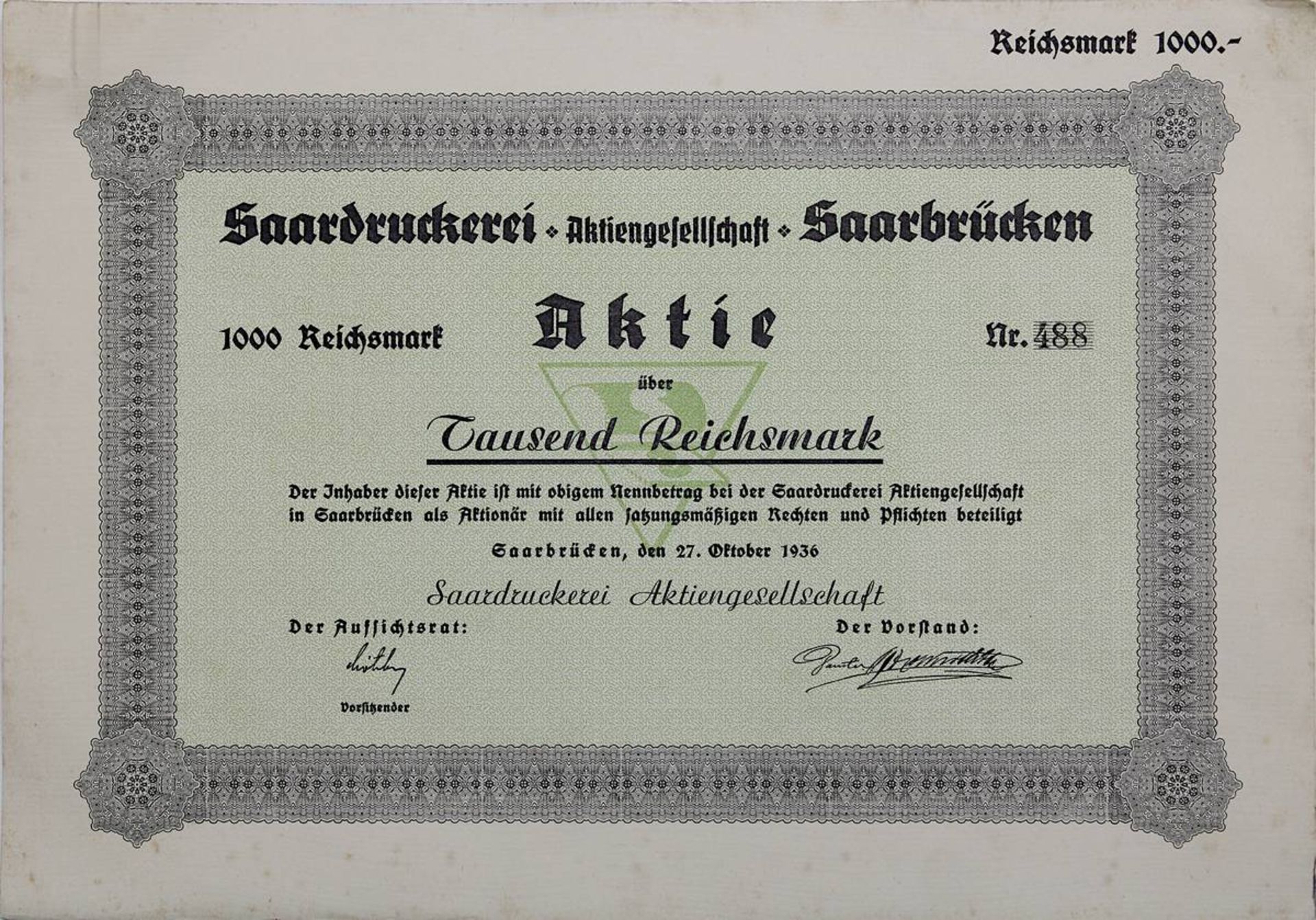 Seltene Aktie der Saardruckerei Aktiengesellschaft über 1000 Reichsmark, Ausgabedatum 27.10.1936, - Image 2 of 5