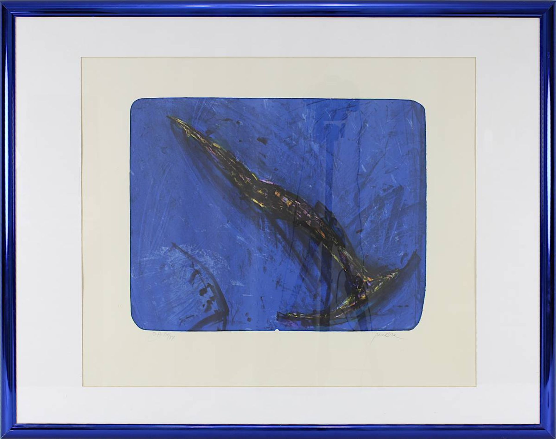 Roucka, Pavel (geb. 1942 Prag), Diagonale Figur auf blauem Grund, Farblithographie, 31,5 x 40 cm, am