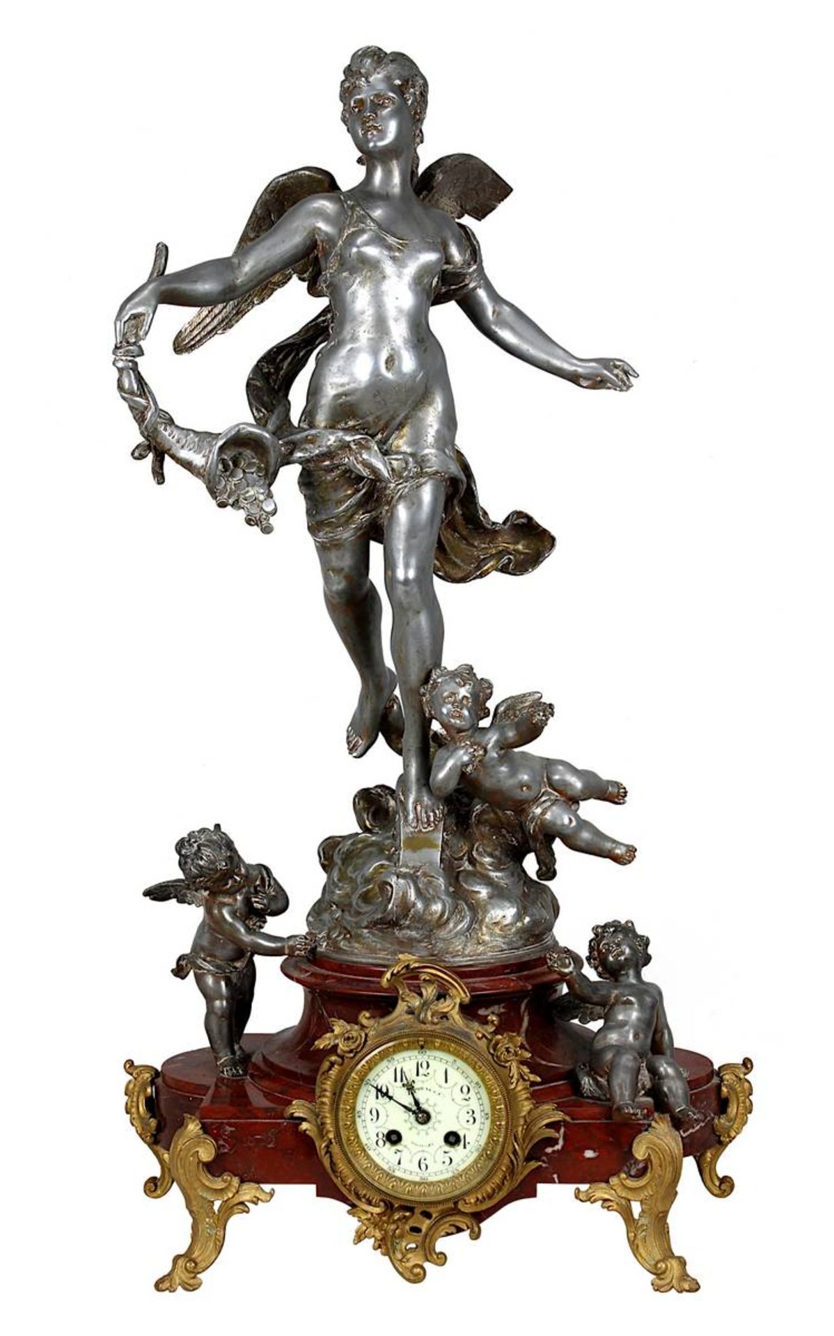 Große Marmor-Pendulenuhr mit Régulefiguren, Frankreich um 1870, rotes Marmorgehäuse mit vergoldeten 