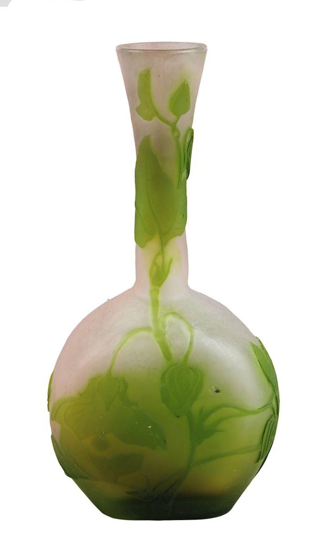 Gallé Miniatur-Jugendstil-Vase mit Hibiskusdekor, Nancy 1906-14, runder Klarglaskorpus mit