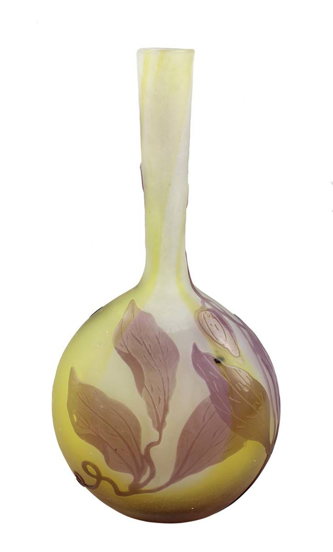 Gallé Jugendstil-Vase mit Windenblütenmotiv, Nancy 1906 - 1914, dickbauchiger Klarglaskörper mit