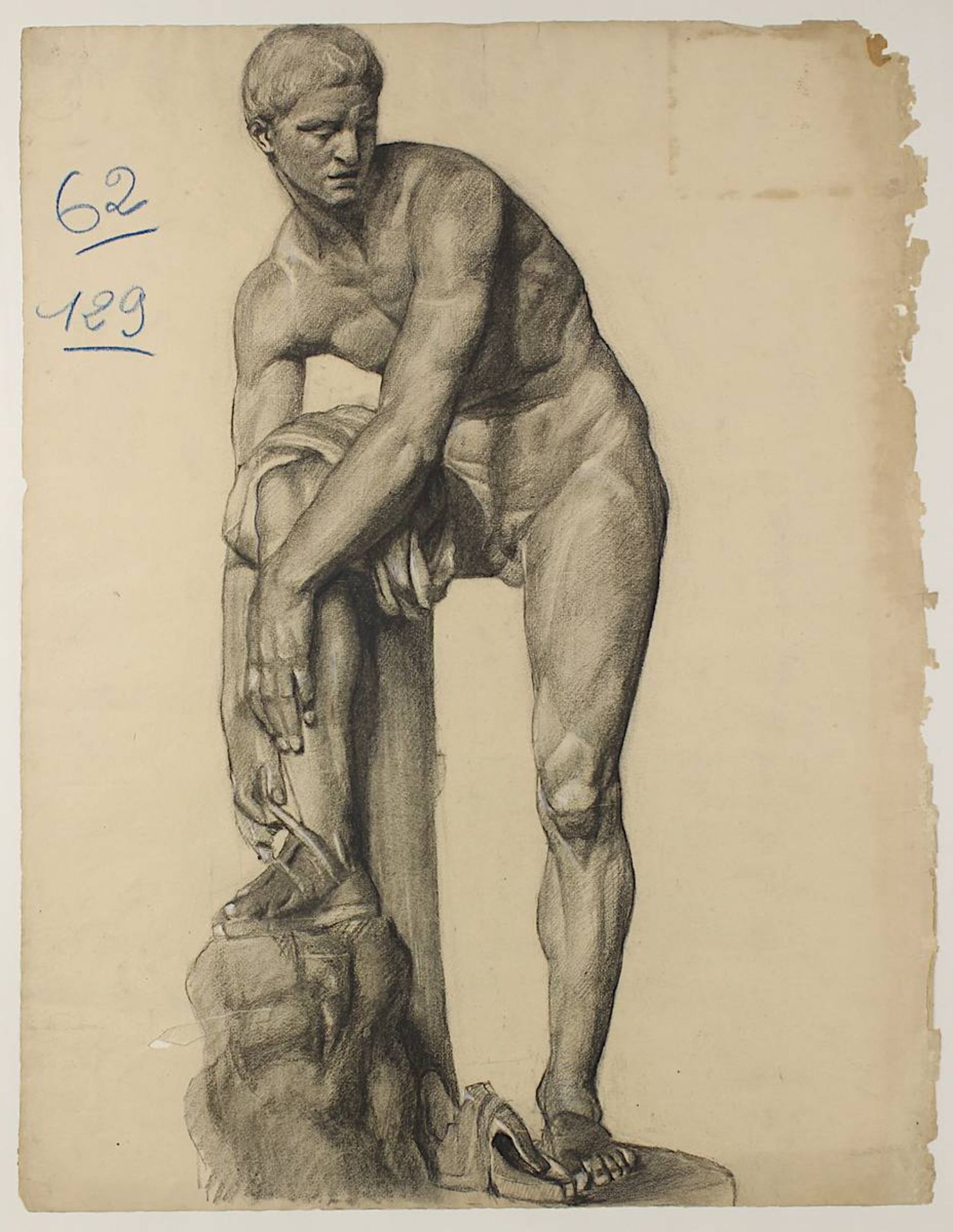 Hermes befestigt seine Sandale, Graphitstudie nach der Marmorstatue im Louvre, Paris 2. H. 19. - Image 2 of 2