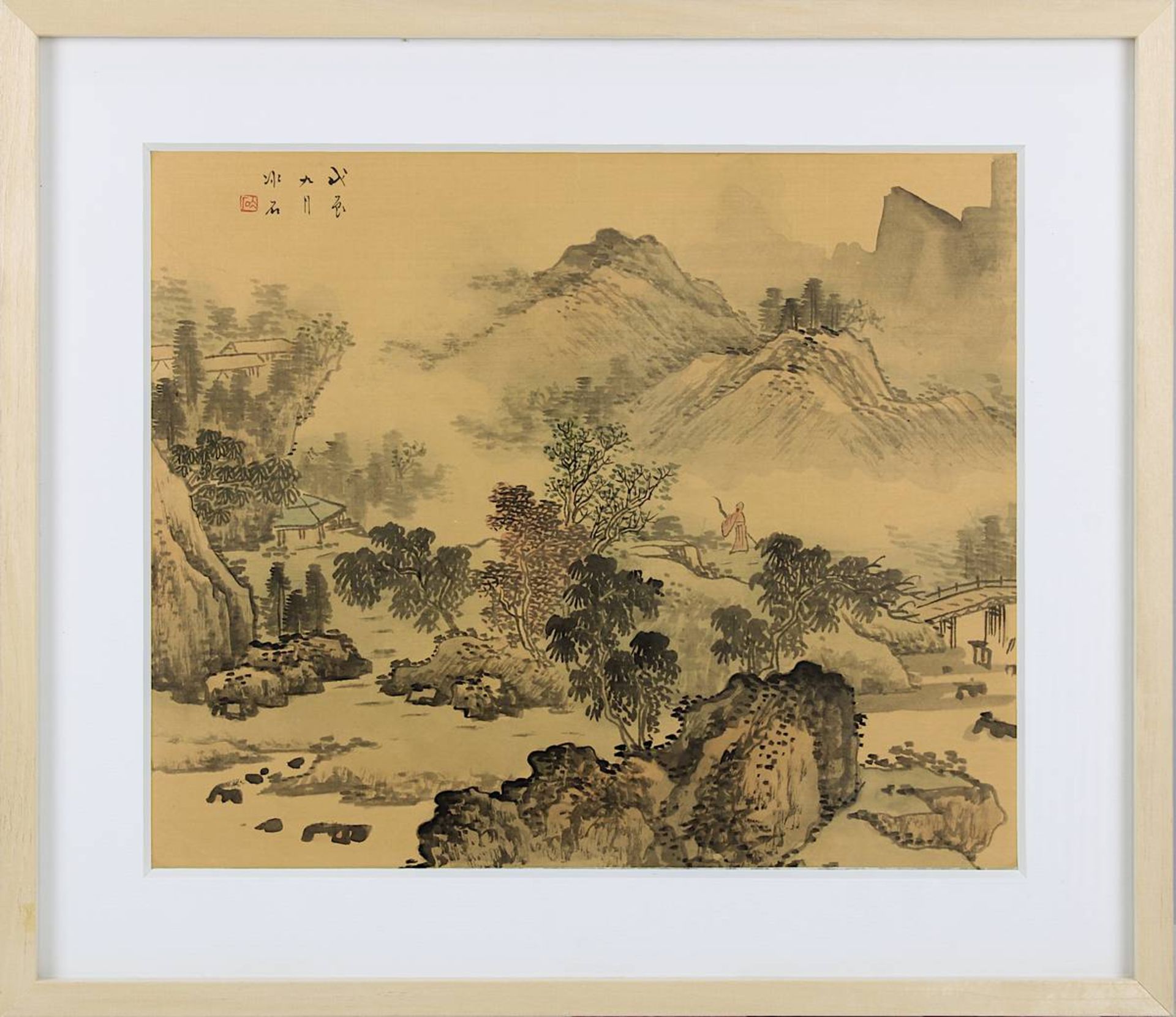 Chinesisches Landschaftsaquarell auf Seide, 19. Jh., in Grautönen und zartem Rot auf beigen Seidengr