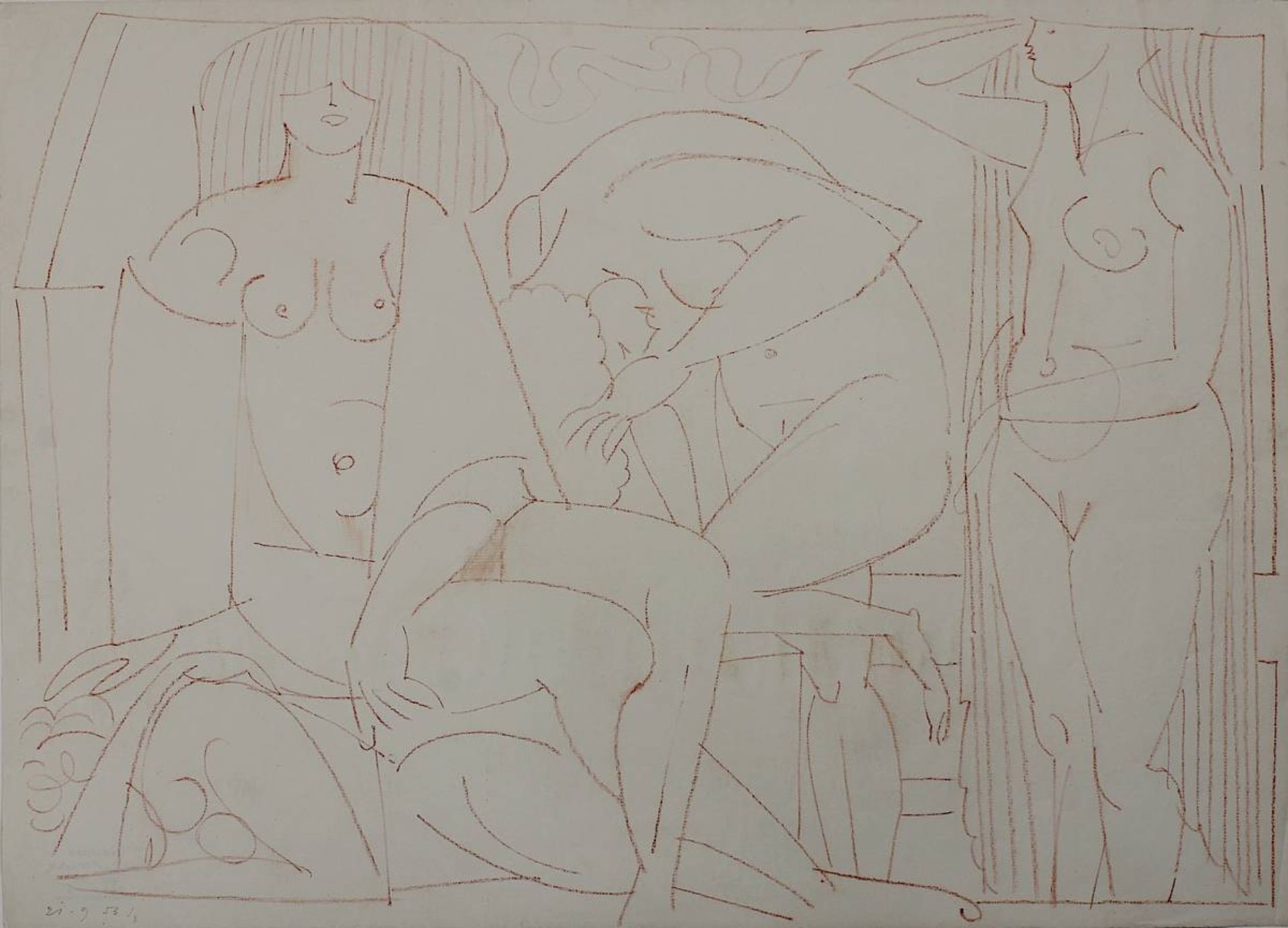 Edvard, Frank (Korschenbroich 1909 - 1927 Saarlouis), Interieur mit 4 weiblichen Akten, Zeichnung in