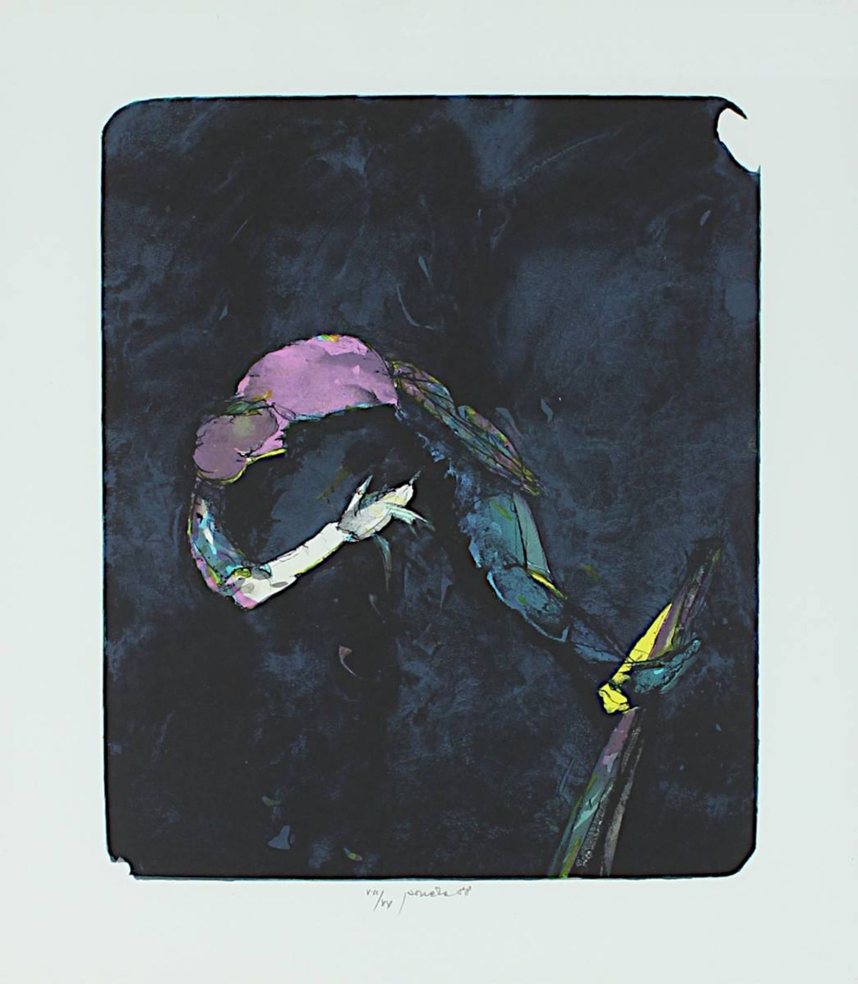 Roucka, Pavel (geb. 1942 Prag), Gebeugte Figur vor nachtblauem Grund, Farblithographie, 29,5 x 24 cm - Bild 2 aus 2