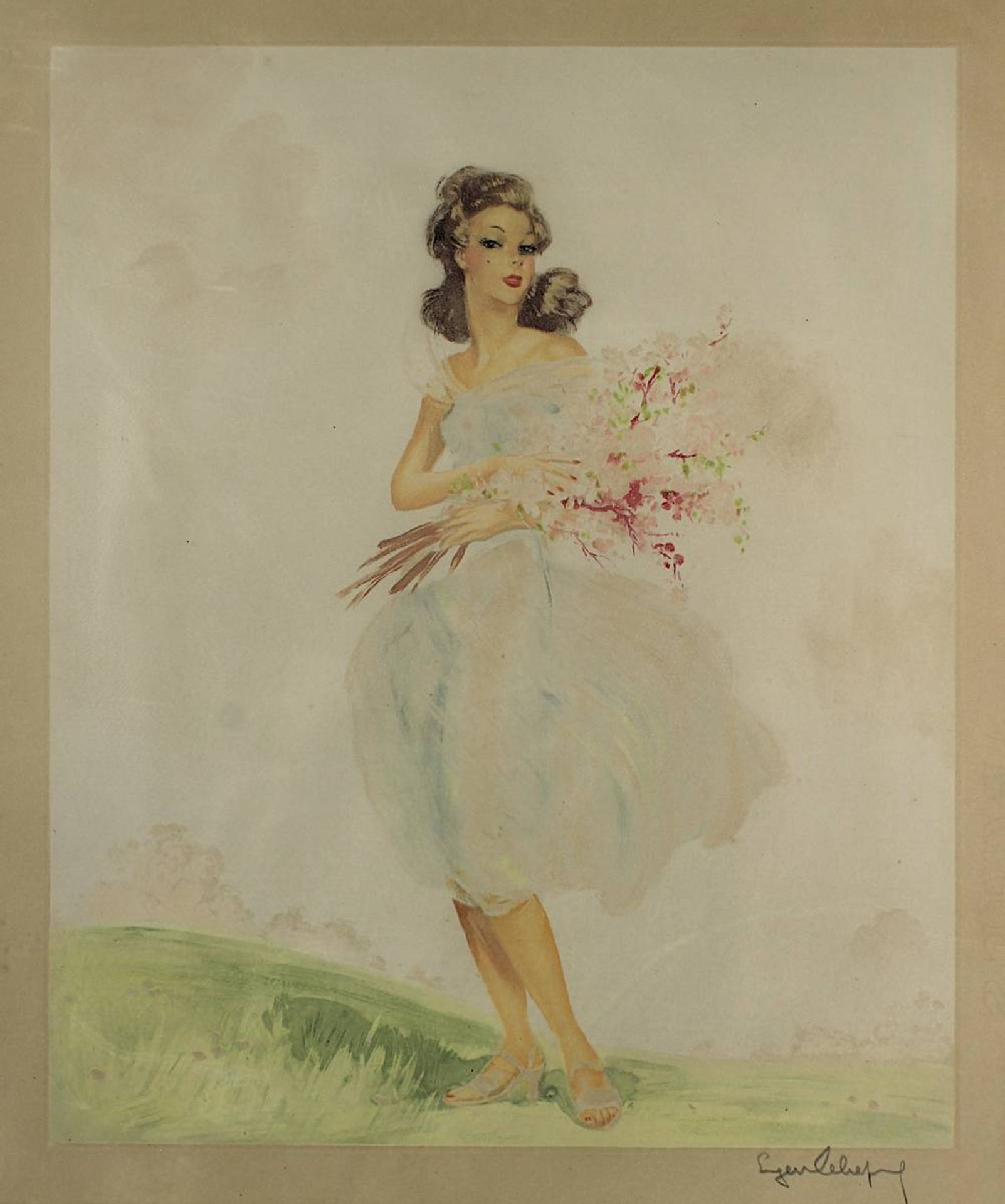Lelievre, Eugéne (1856 - 1945), stehende junge Frau mit Blumenstraus vor Landschaftsausschnitt, Farb - Bild 2 aus 2