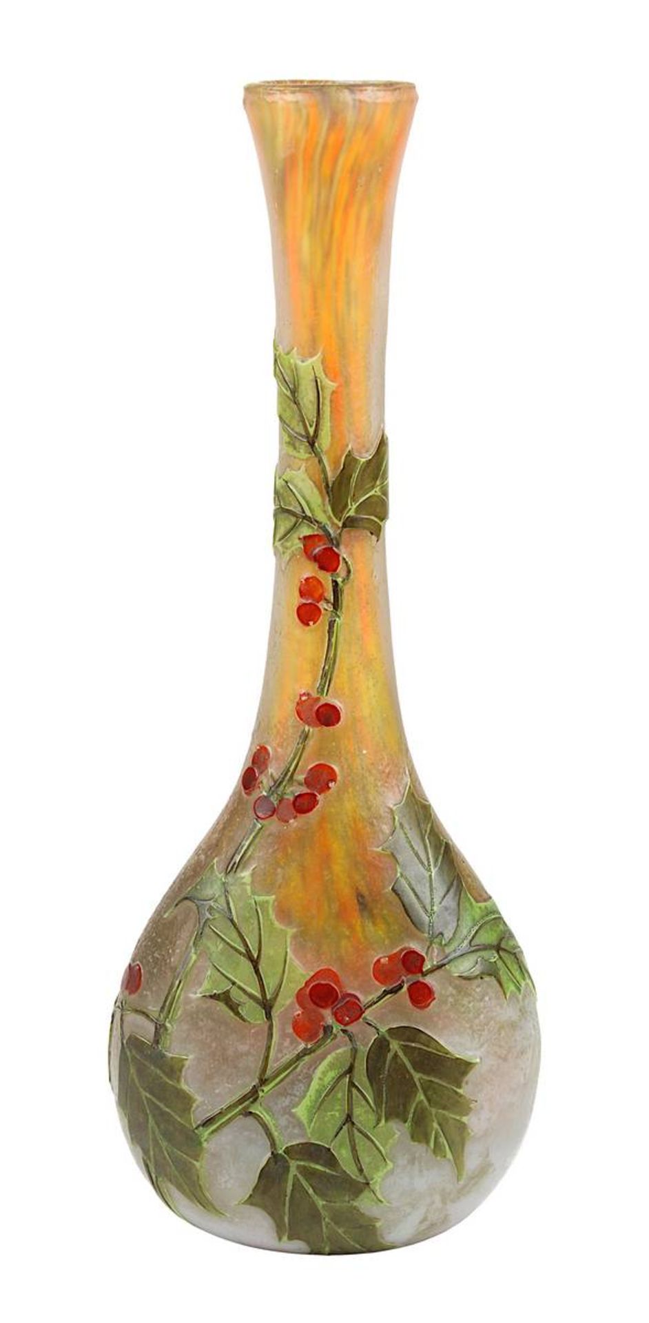 Legras Jugendstil-Vase mit Stechpalmendekor, Legras & Cie, Verreries de St. Denis et de Pantin,