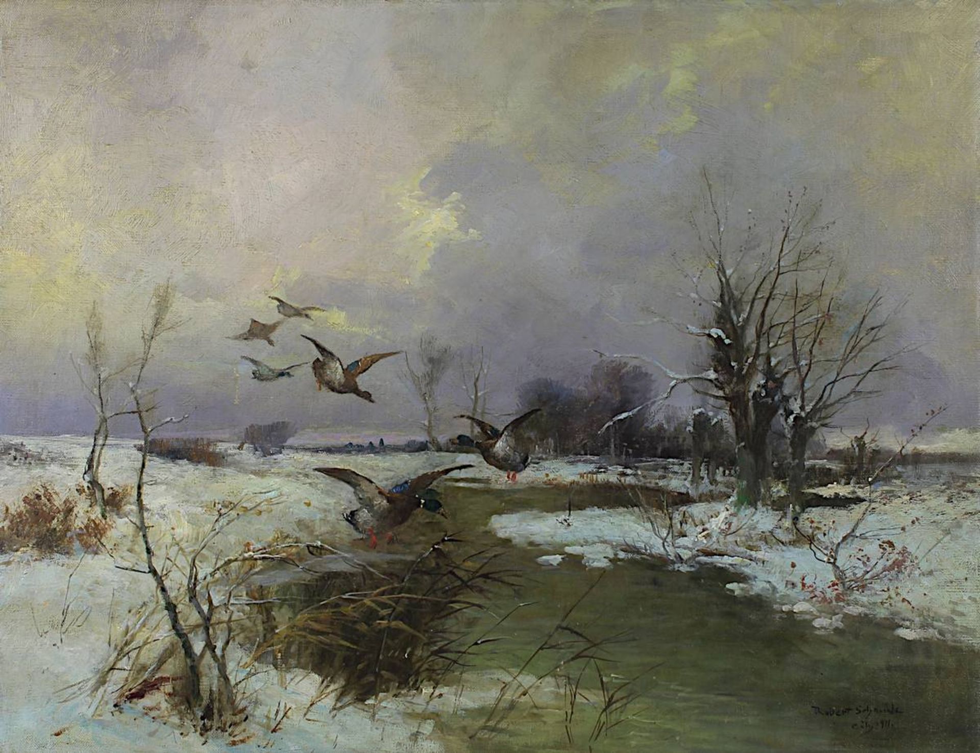 Schmidt, Robert (Nürnberg 1863 - 1927), Winterlandschaft mit Wasserlauf u. Enten, Öl auf Leinwand, r - Bild 2 aus 4