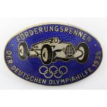 Brosche "Förderungsrennen Der Deutschen Olympiahilfe 1935", Metall emailliert, ovale Form, auf
