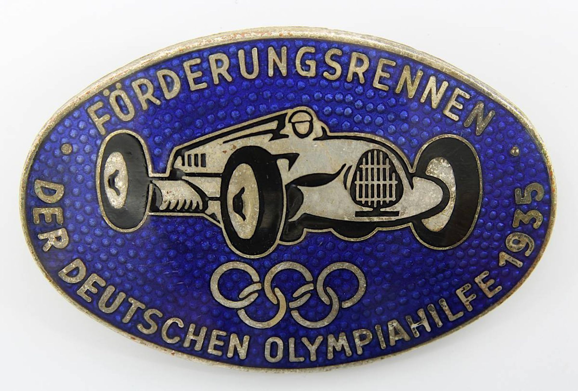 Brosche "Förderungsrennen Der Deutschen Olympiahilfe 1935", Metall emailliert, ovale Form, auf