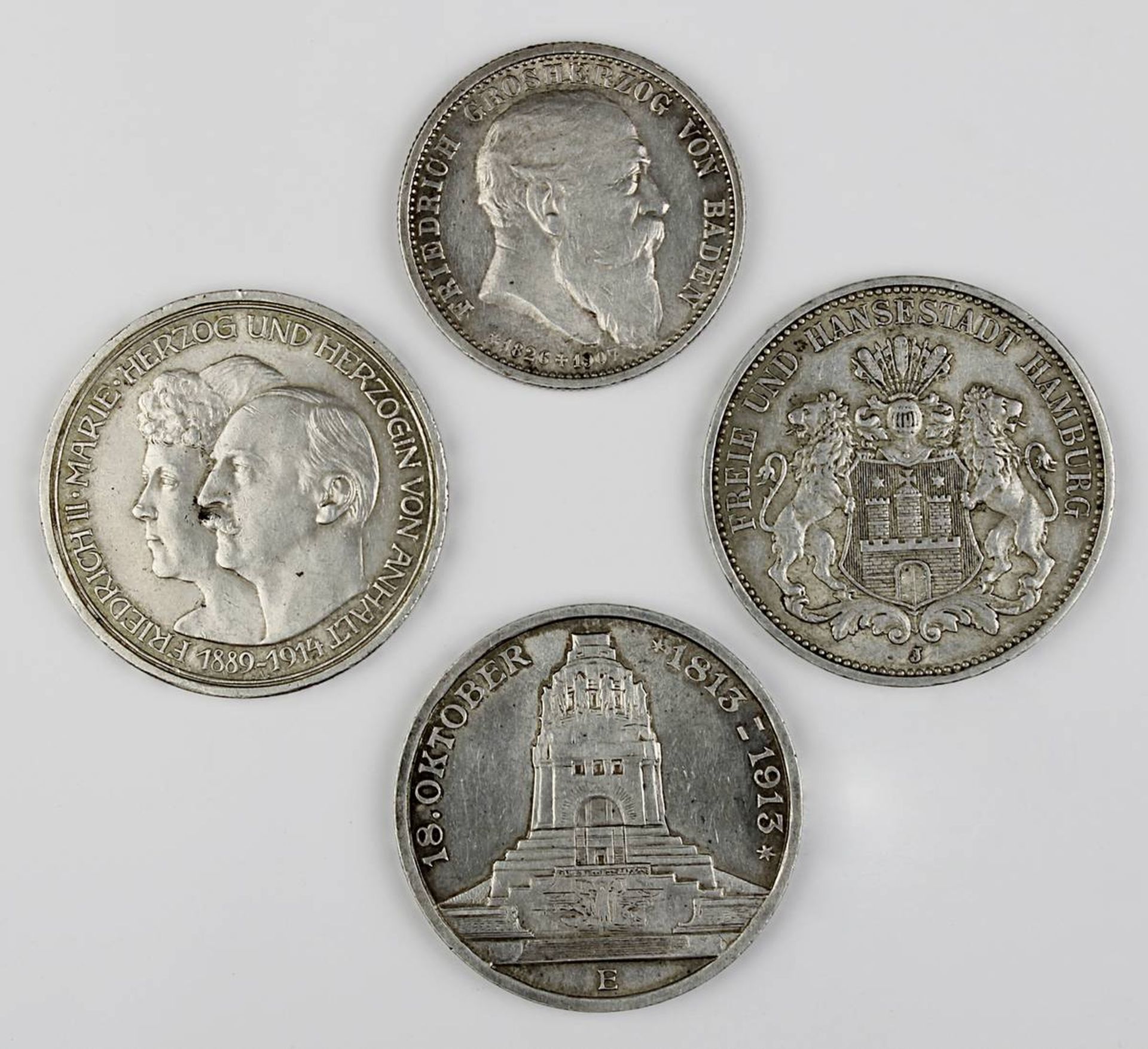 Vier Münzen, Deutsches Reich 1907 - 1914, 900er Silber: 2 Mark, Baden, 1907, Av. Kopf Friedrich