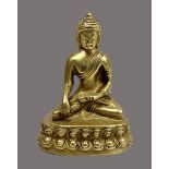 Kleiner Buddha, Himalaya, 19. Jh., Bronze vergoldet, Buddha im Lotussitz auf Lotusblütensockel,