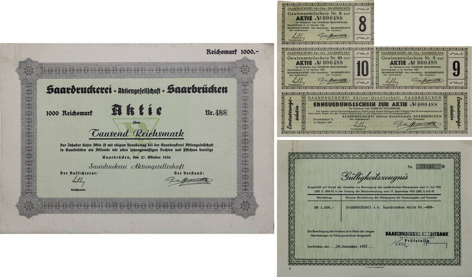 Seltene Aktie der Saardruckerei Aktiengesellschaft über 1000 Reichsmark, Ausgabedatum 27.10.1936,