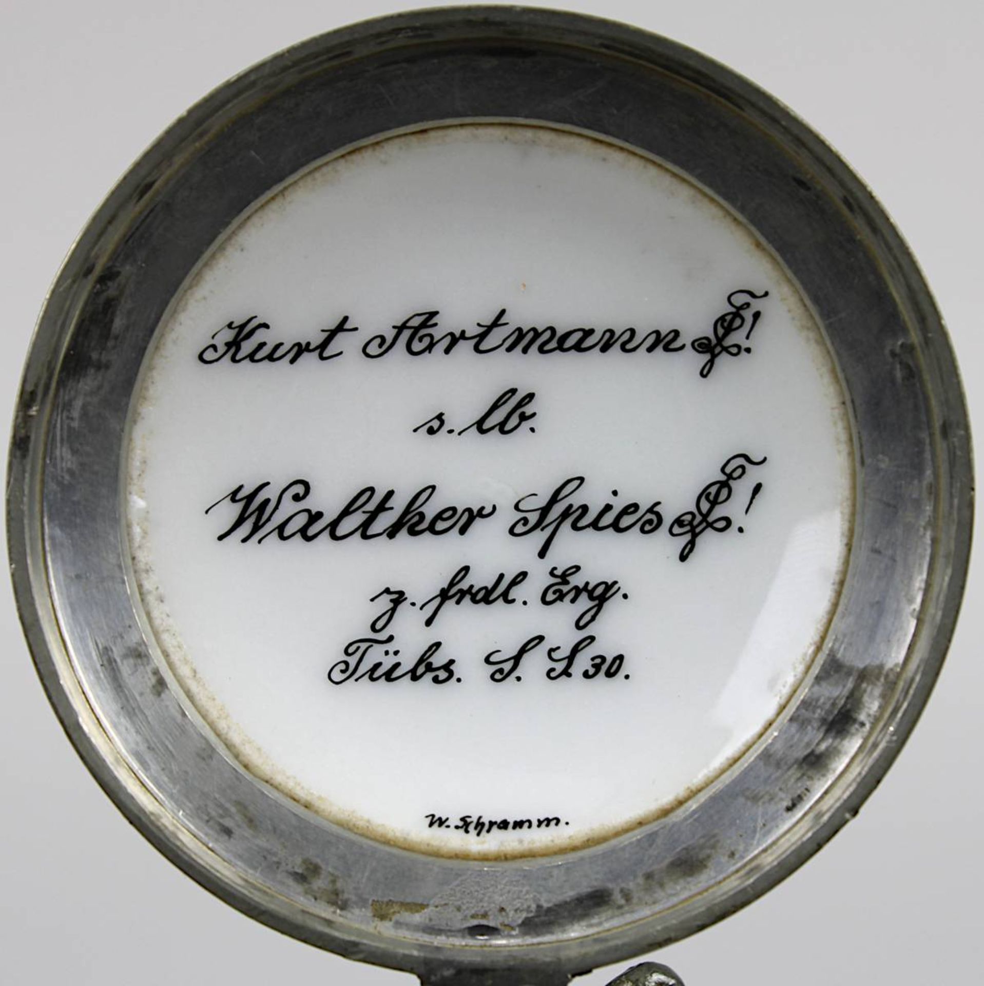 Studenten-Bierkrug der Saxonia Tübingen, 1930, 1/4 Liter, Klarglaskorpus, Zinndeckel mit - Image 3 of 3