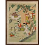Chinesisches Seidenbild, Damen im Garten, fein auf Seide gemalt, re. o. signiert, im seidenen