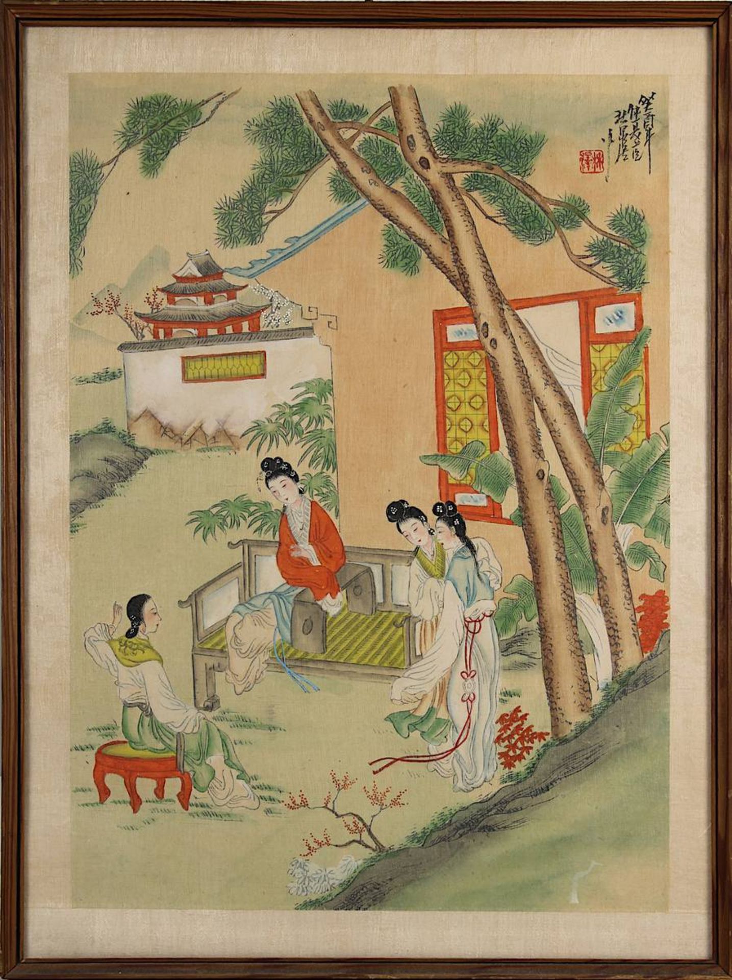Chinesisches Seidenbild, Damen im Garten, fein auf Seide gemalt, re. o. signiert, im seidenen