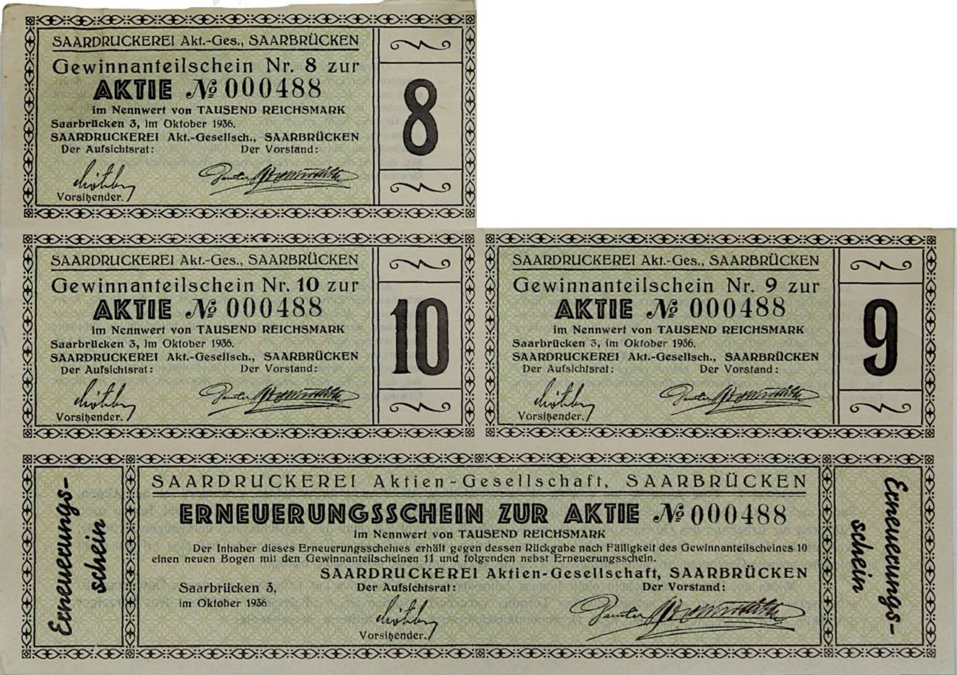 Seltene Aktie der Saardruckerei Aktiengesellschaft über 1000 Reichsmark, Ausgabedatum 27.10.1936, - Image 4 of 5