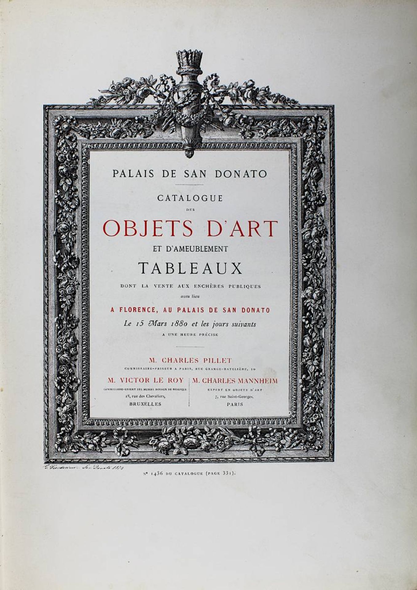 Versteigerungskatalog Palais De San Donato ,Florenz 1880, "Catalogue Objets D´Art et D´Ameublement