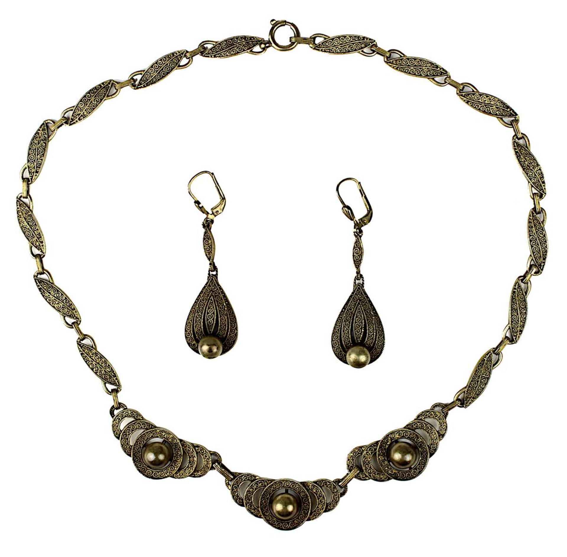 Collier und Paar Ohrhänger, Fahrner, Pforzheim 1920er Jahre, jew. vergoldetes Silber mit