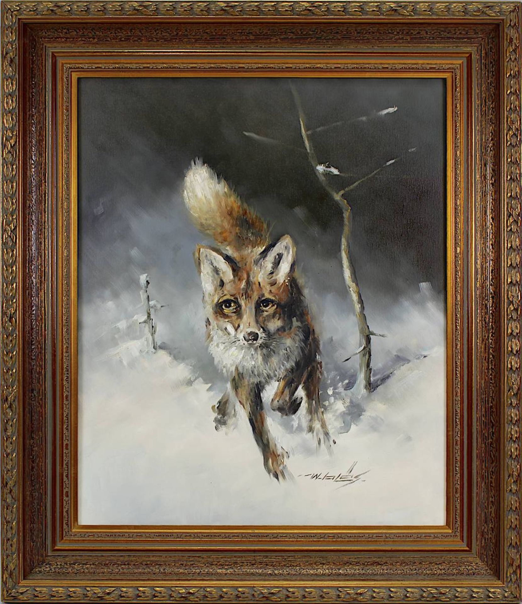 Bläs, Walter (Eibingen 1924 - Rüdesheim 2016), laufender Fuchs im Schnee, Öl auf Leinwand, rechts