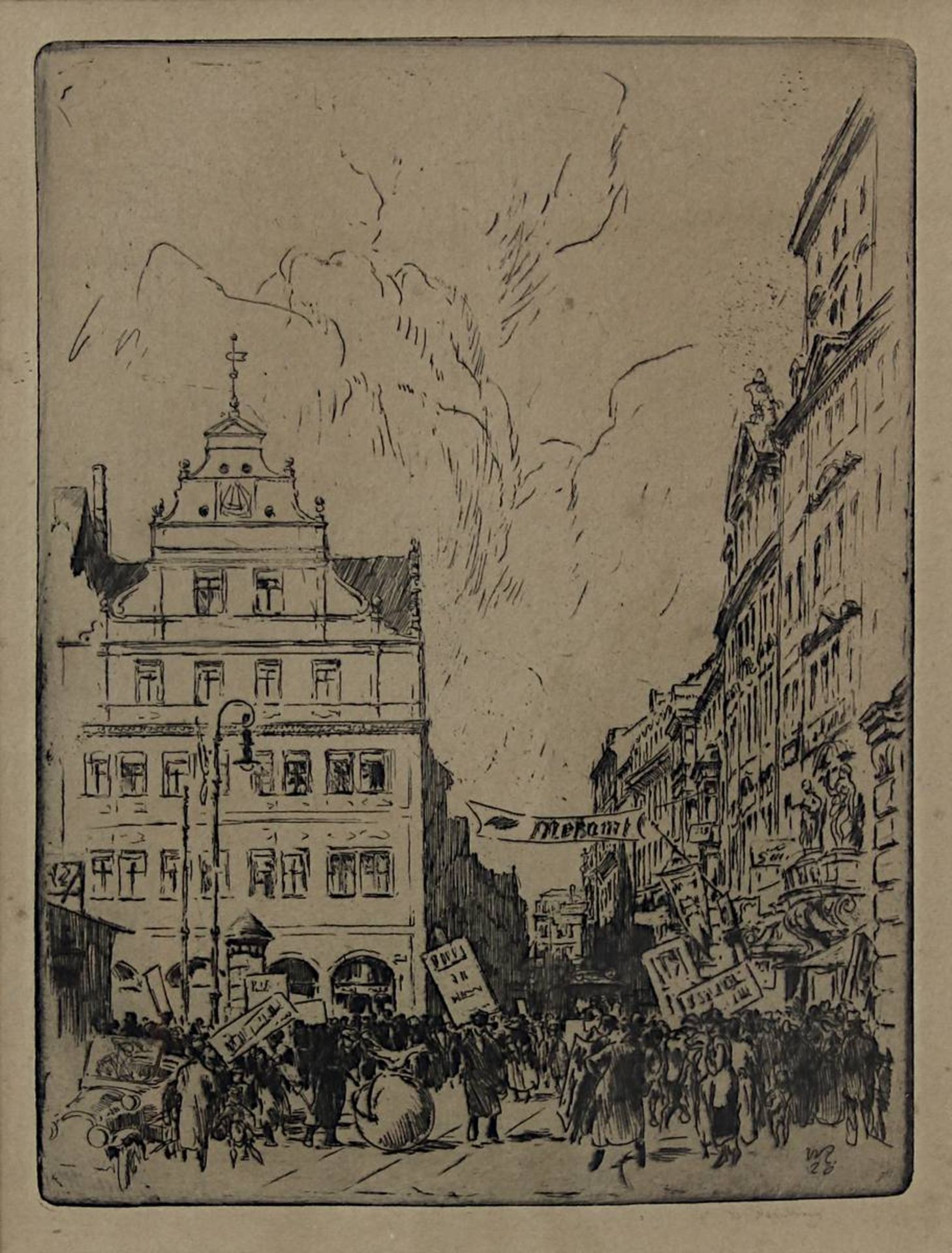 Zeising, Walter (Leipzig 1876 - 1933 Dresden), belebte Straßenszene mit Demonstranten, Radierung 192 - Bild 2 aus 3