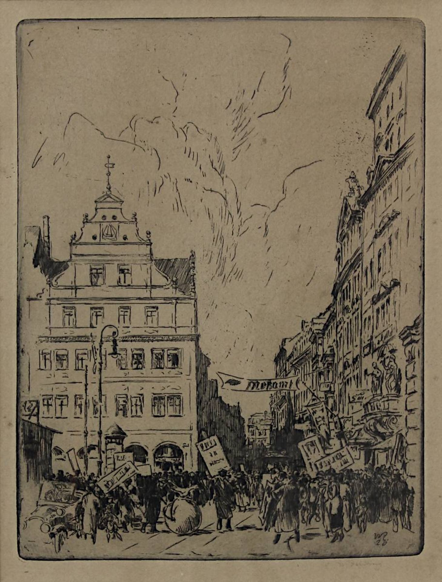 Zeising, Walter (Leipzig 1876 - 1933 Dresden), belebte Straßenszene mit Demonstranten, Radierung - Image 2 of 3