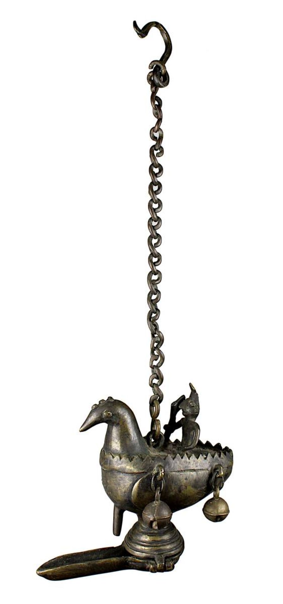 Öllampe in Form eines Vogels mit Reiter, Bronze, Indien um 1900, mit 4 anhängenden Glocken (eine feh