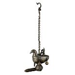 Öllampe in Form eines Vogels mit Reiter, Bronze, Indien um 1900, mit 4 anhängenden Glocken (eine