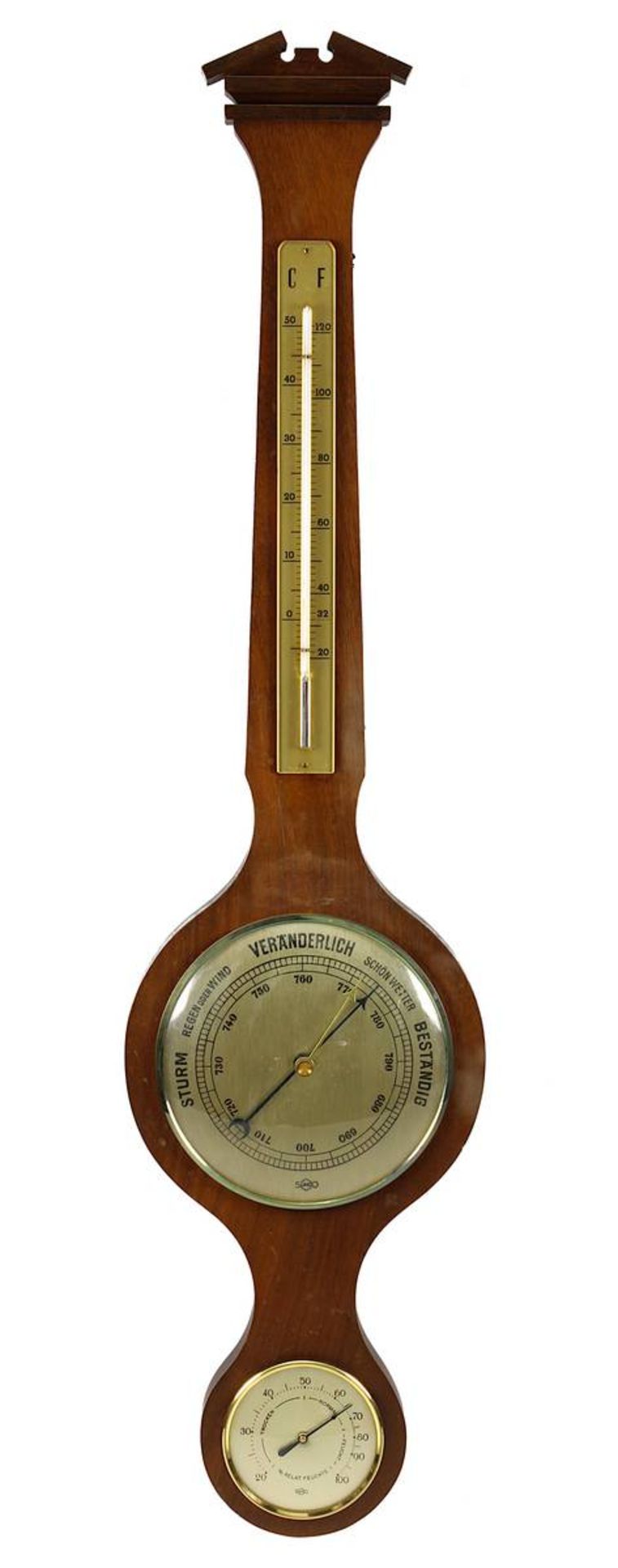 Sundo - Barometer, deutsch um 1960, Holzgestell, Thermometer mit Quecksilber, verschiedene Klimaanze