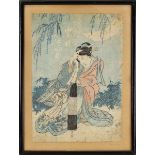 Utagawa Kunisada (Japan 19. Jh.), Dame mit geschlossenem Schirm im Garten, Farbholzschnitt auf