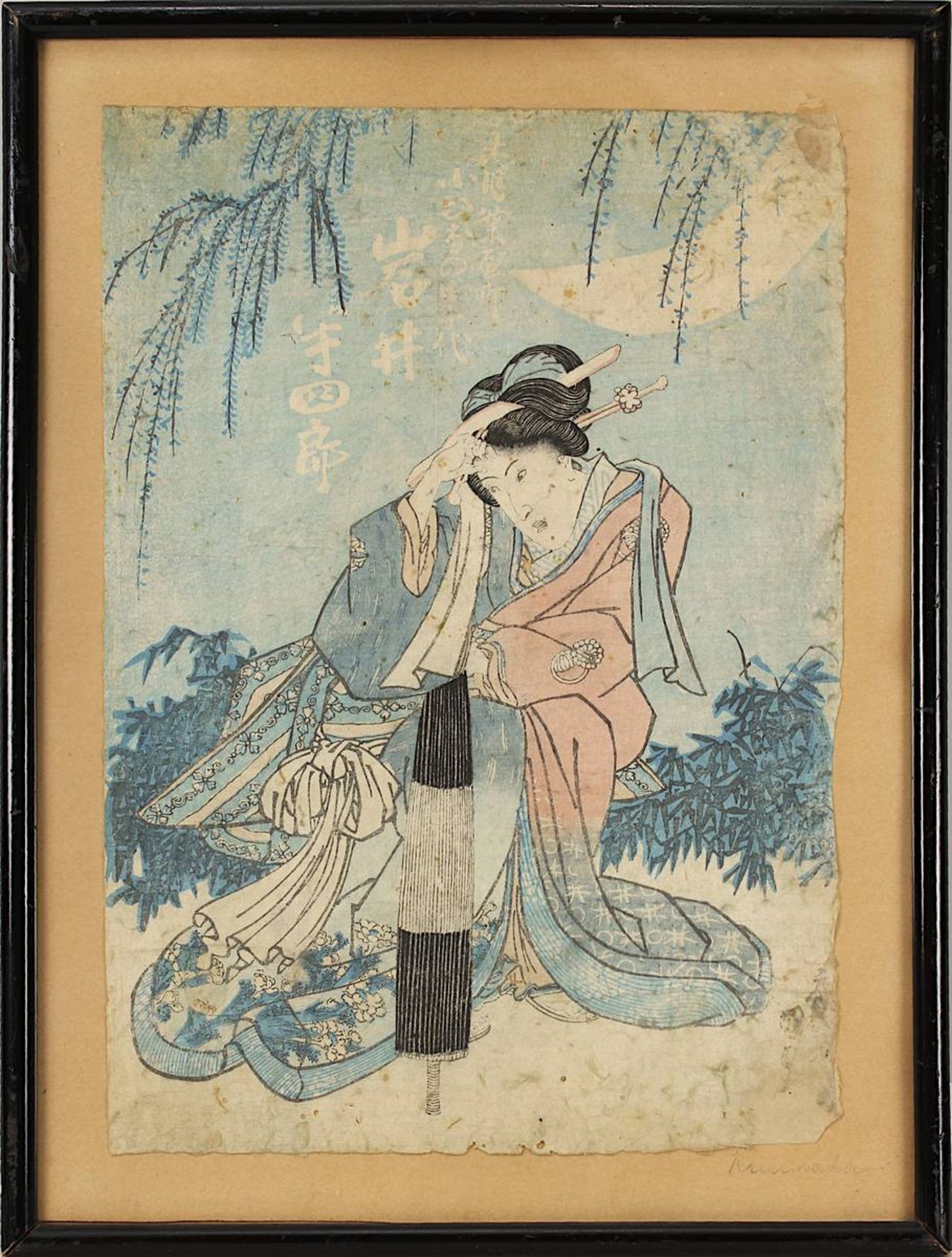 Utagawa Kunisada (Japan 19. Jh.), Dame mit geschlossenem Schirm im Garten, Farbholzschnitt auf Japan