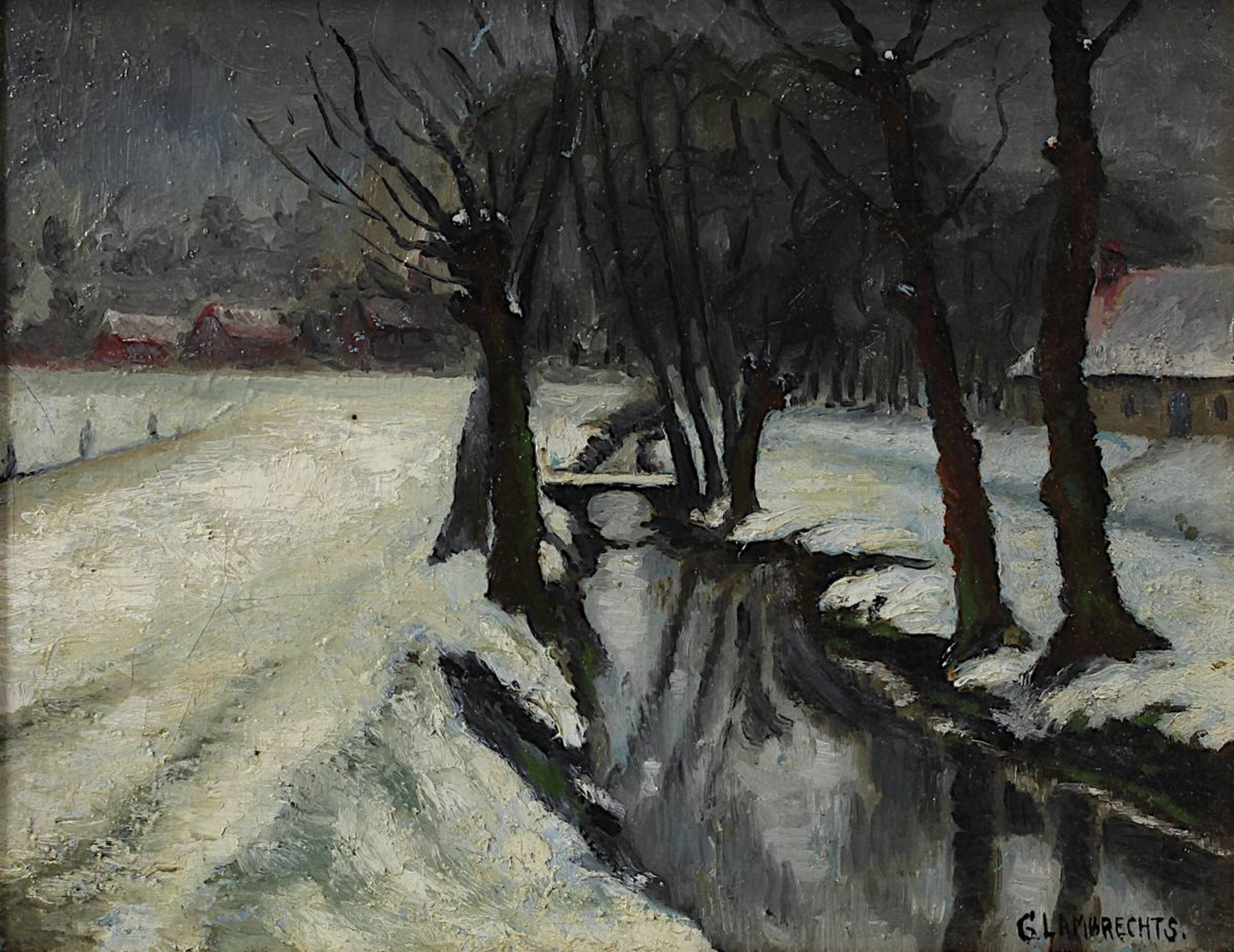 G. Lambrechts, belgischer Landschaftsmaler um 1900, Winterlicher Bachlauf in der Abenddämmerung, - Image 2 of 3