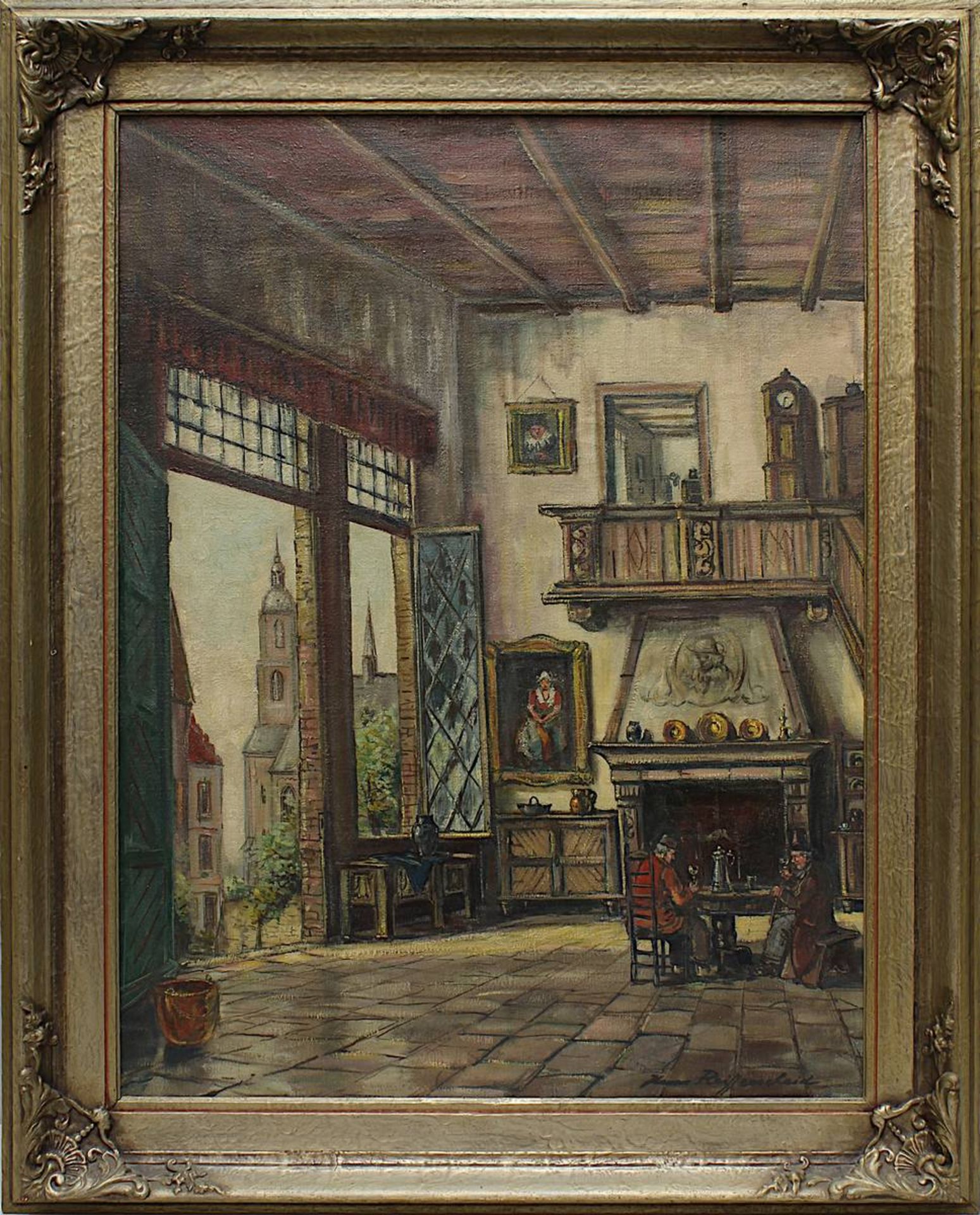 Reifferscheid, Hans (Moselweiß 1901 - 1982 Euskirchen) Herrenhaus-Intérieur mit zwei Männern beim