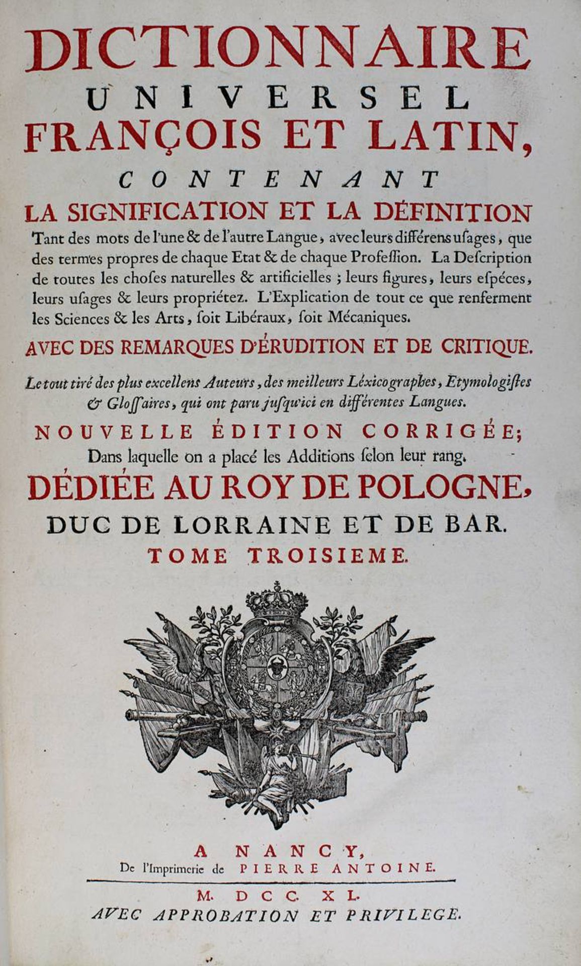 "Dictionnaire Universel Francois et Latin ..." - Dictionnaire de Trévoux, 6 Bände, Paris u. Nancy