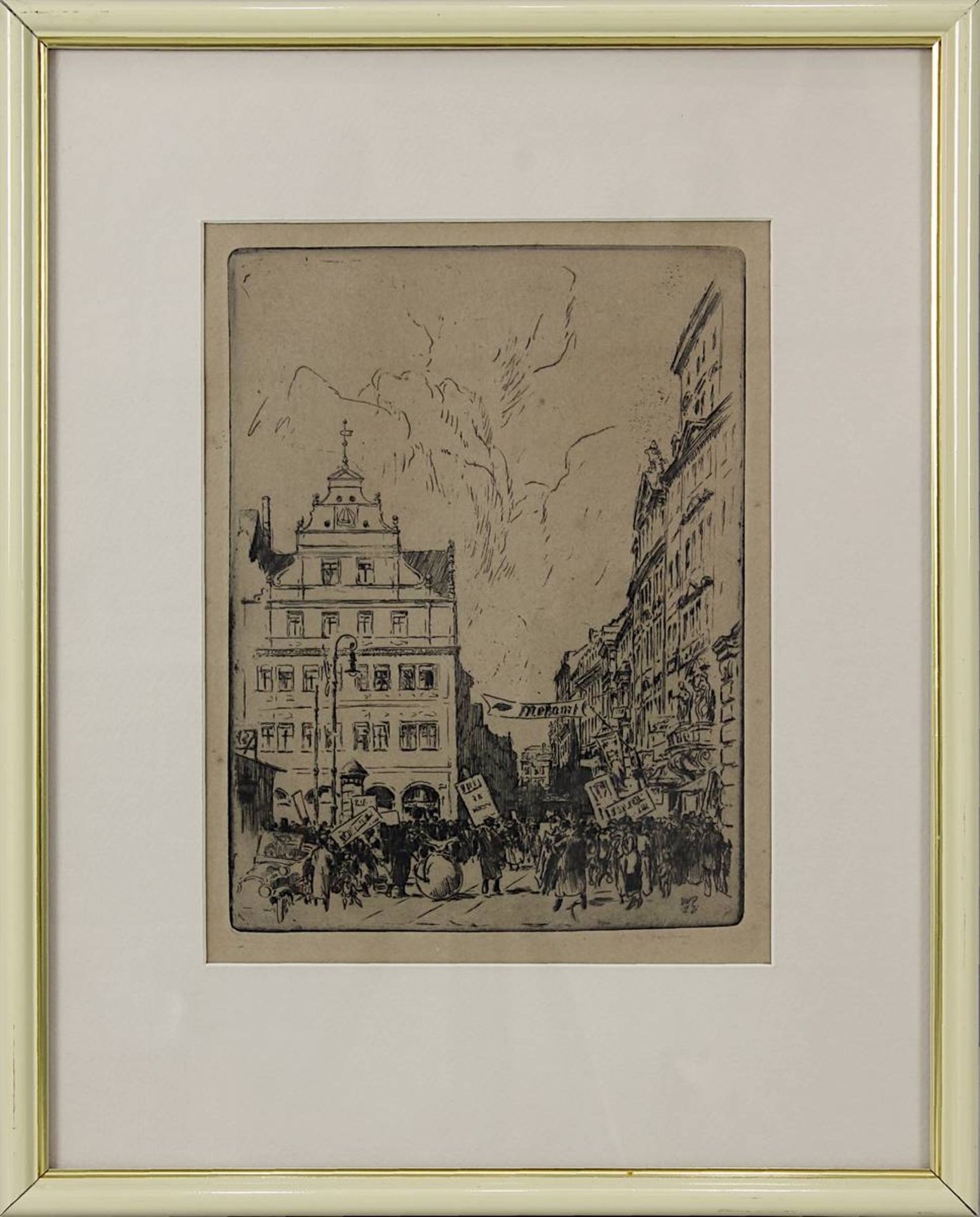 Zeising, Walter (Leipzig 1876 - 1933 Dresden), belebte Straßenszene mit Demonstranten, Radierung