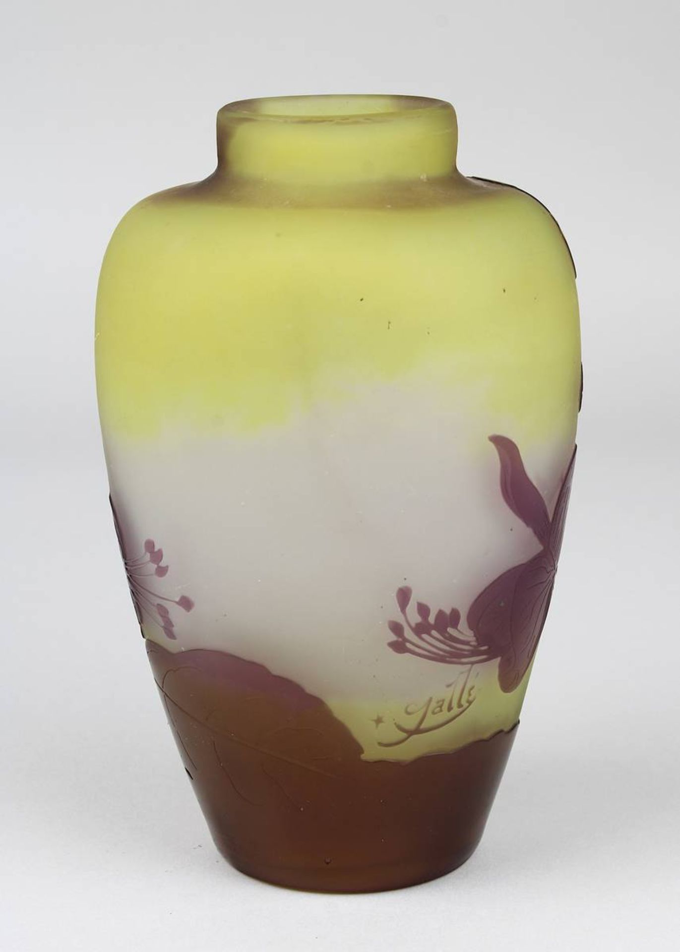 Gallé Jugendstil-Vase mit Fuchsiendekor, Nancy 1904 - 1906, ovaler Vasenkorpus aus Klarglas, innen - Image 3 of 4