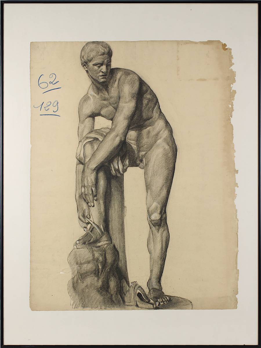 Hermes befestigt seine Sandale, Graphitstudie nach der Marmorstatue im Louvre, Paris 2. H. 19.