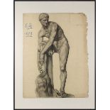 Hermes befestigt seine Sandale, Graphitstudie nach der Marmorstatue im Louvre, Paris 2. H. 19.