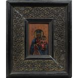 Heiligenmaler um 1900, Bildnis der Schwarzen Madonna, Ölmischtechnik auf Holz, 9,8 x 6,5 cm,