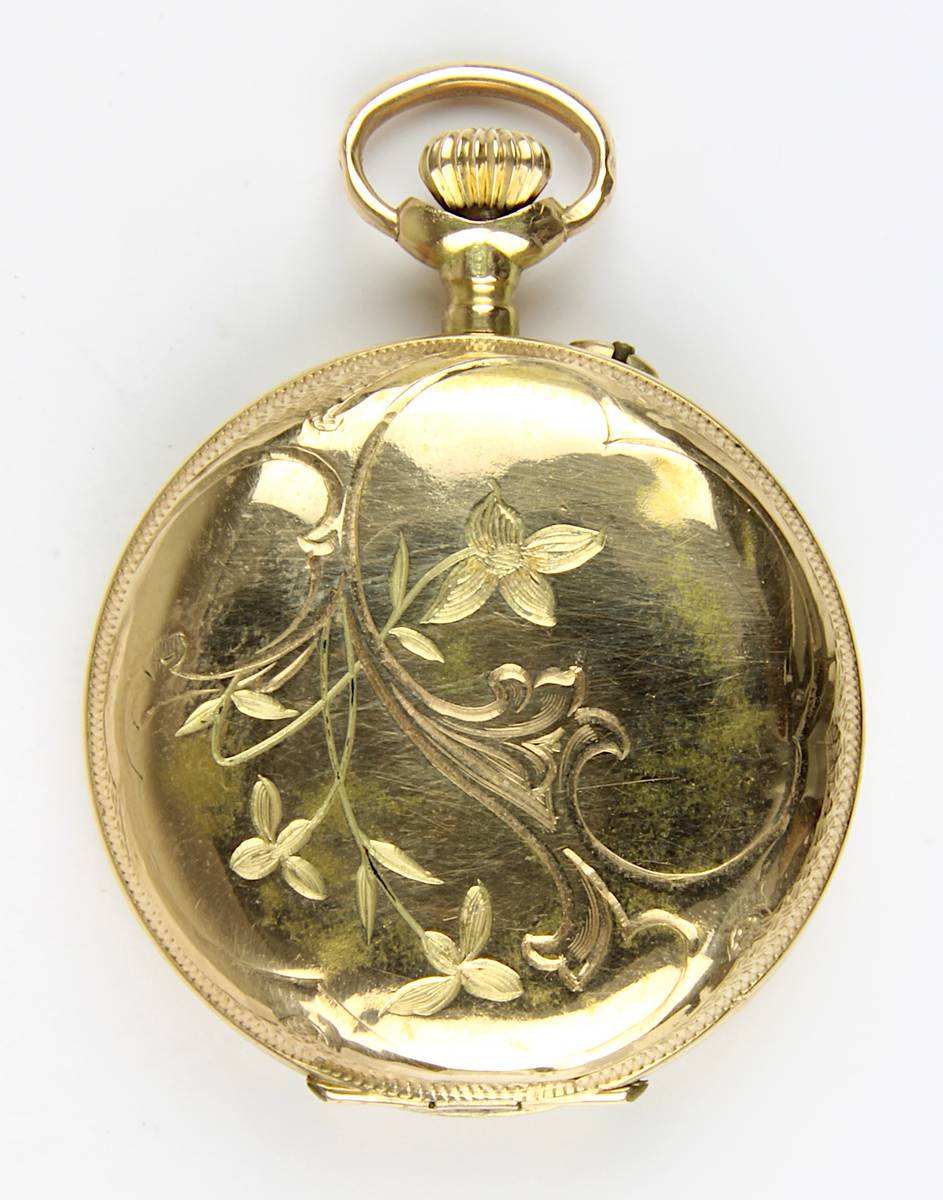 Jugendstil Savonette-Damentaschenuhr, Schweiz um 1900, zwei Golddeckel, gestempelt 14 K, auf - Image 3 of 5