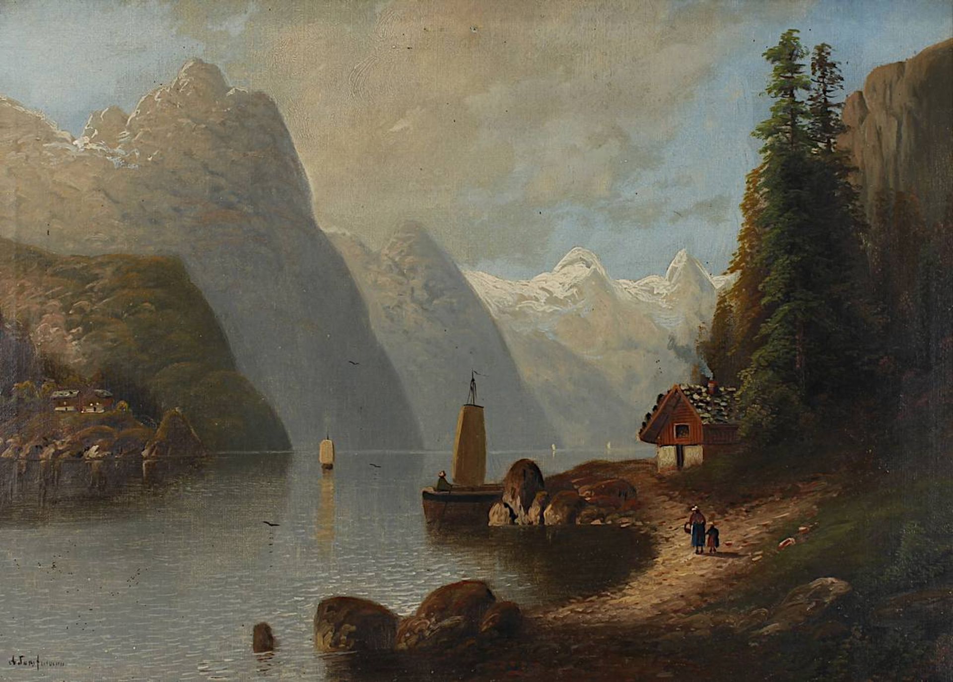 Forstmann, Arnold (1842 - ca. 1914 Düsseldorf), Alpensee mit Segelbooten - Bild 2 aus 4