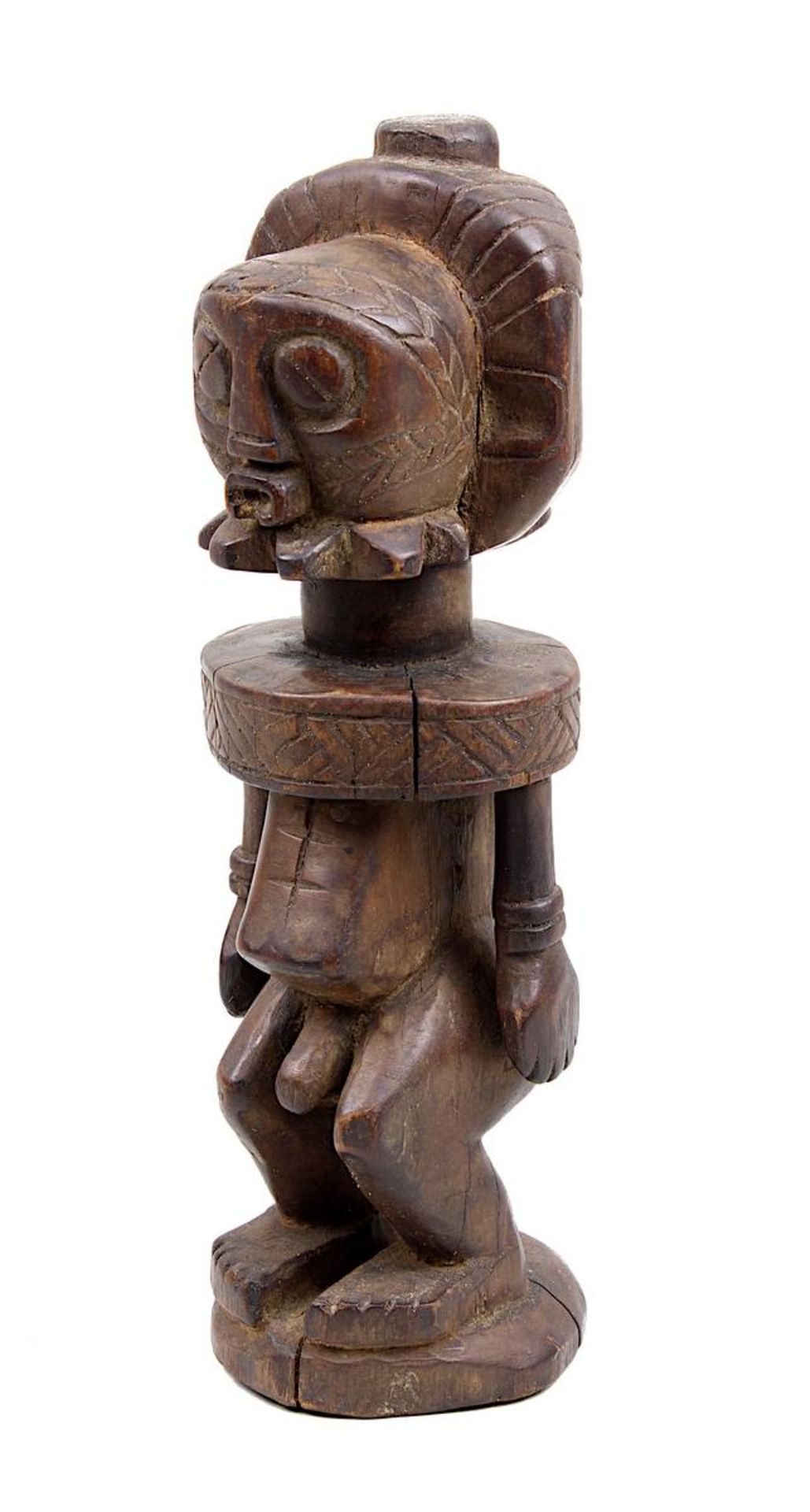 Figur eines männlichen Ahnen, Boyo/Buye, D. R. Kongo, Holz geschnitzt, Figur mit Haar- und