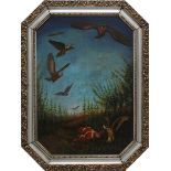Gemälde Gefallener Soldat mit fliegenden Adlern, wohl Großbritannien Ende 19. Jh., Öl auf Holz,